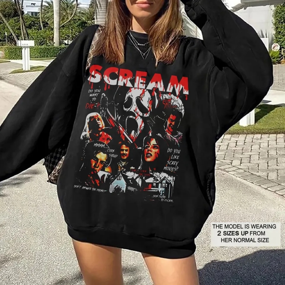 Unisex  Halloween Handmade Black Graphic Scream Black Sweatshirt